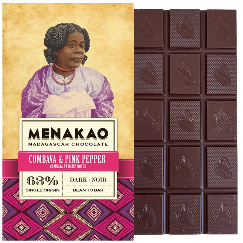 MENAKAO | Dunkle Schokolade »Combava & rosa Pfeffer« 63% | 75g Besondere Schokolade mit Combava und Pink Pepper von menakao Madagascar