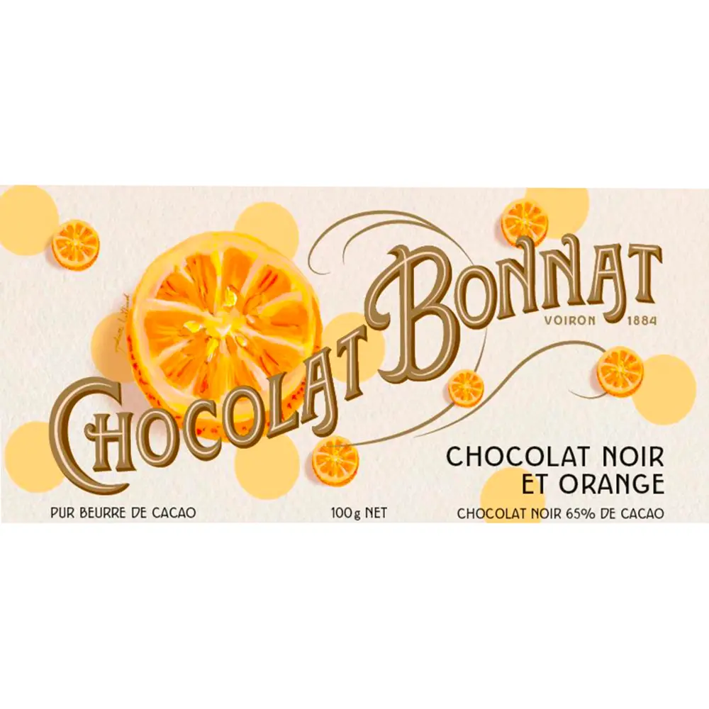 Weiße Schokoladenverpackung mit Orangenscheiben Bonnat Chocolate Noir et Orange