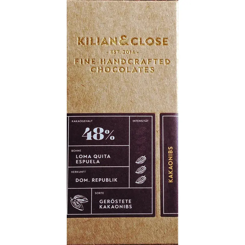 KILIAN & CLOSE | Schokolade mit gerösteten Kakaonibs 48% | BIO 48% Schokolade mit Kakaonibs von kilian & Close